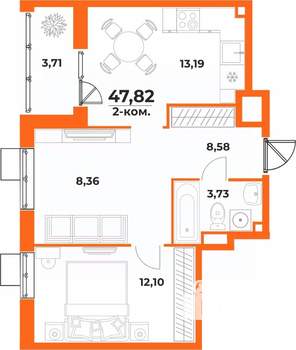 2-к квартира, вторичка, 48м2, 2/10 этаж