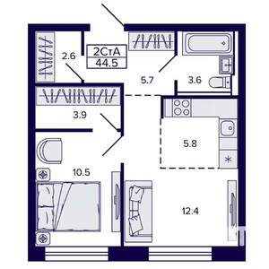 2-к квартира, строящийся дом, 44м2, 16/22 этаж