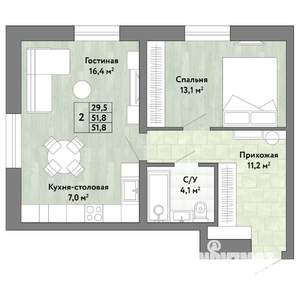2-к квартира, строящийся дом, 52м2, 1/22 этаж
