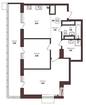 2-к квартира, вторичка, 70м2, 17/23 этаж