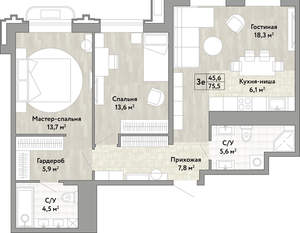 3-к квартира, вторичка, 76м2, 19/21 этаж