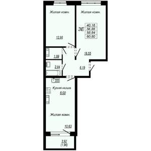 3-к квартира, строящийся дом, 59м2, 1/10 этаж