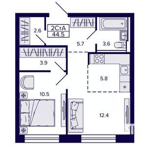 2-к квартира, строящийся дом, 44м2, 13/22 этаж