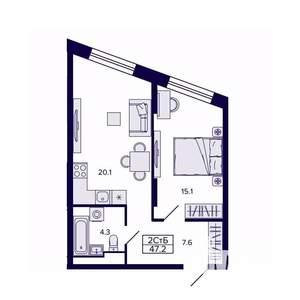 2-к квартира, строящийся дом, 47м2, 2/30 этаж