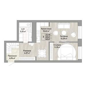 3-к квартира, строящийся дом, 69м2, 1/22 этаж