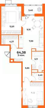 3-к квартира, вторичка, 64м2, 2/10 этаж
