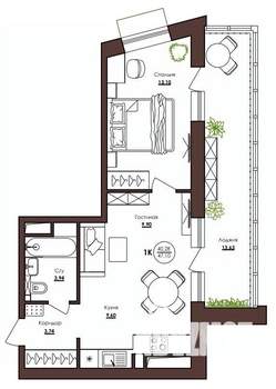 1-к квартира, строящийся дом, 47м2, 12/23 этаж