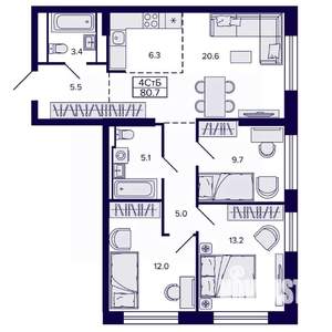4-к квартира, строящийся дом, 81м2, 19/22 этаж