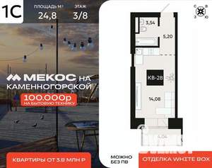 1-к квартира, вторичка, 25м2, 3/8 этаж