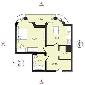 1-к квартира, вторичка, 59м2, 15/25 этаж