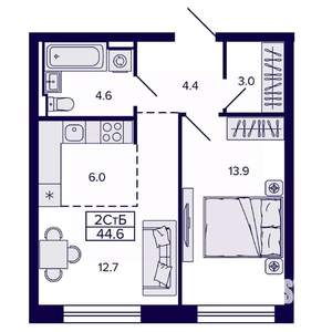 2-к квартира, строящийся дом, 45м2, 17/22 этаж