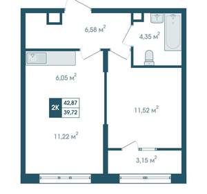 2-к квартира, вторичка, 43м2, 7/15 этаж