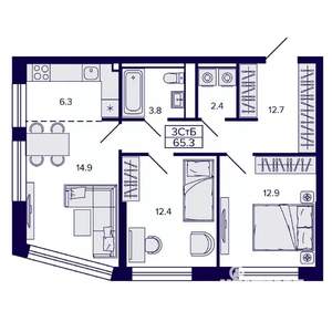 3-к квартира, строящийся дом, 65м2, 3/22 этаж