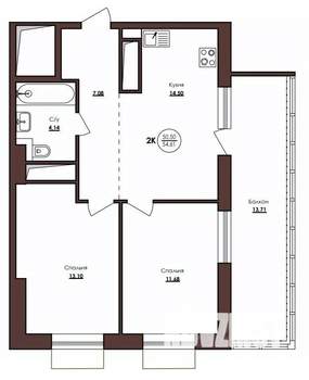 2-к квартира, вторичка, 55м2, 19/23 этаж