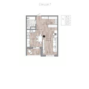 1-к квартира, строящийся дом, 44м2, 2/4 этаж