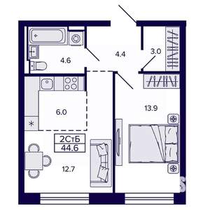 2-к квартира, строящийся дом, 45м2, 11/22 этаж