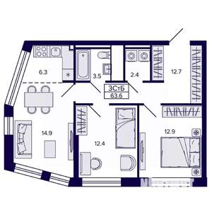 3-к квартира, вторичка, 64м2, 6/22 этаж