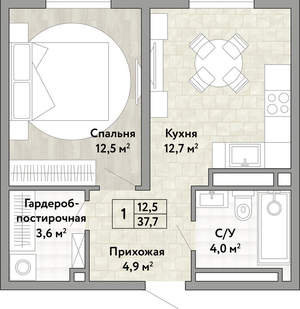 1-к квартира, вторичка, 38м2, 2/21 этаж