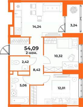 2-к квартира, вторичка, 54м2, 2/10 этаж