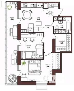 2-к квартира, строящийся дом, 70м2, 2/23 этаж