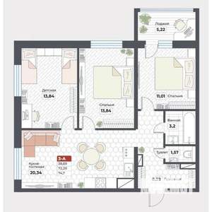 3-к квартира, строящийся дом, 75м2, 17/19 этаж