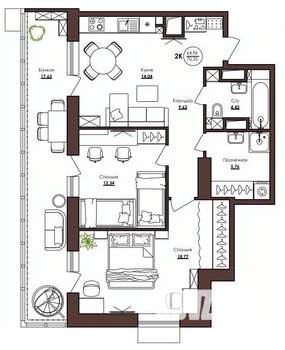 2-к квартира, вторичка, 70м2, 6/23 этаж