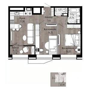 2-к квартира, вторичка, 62м2, 12/15 этаж