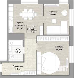 2-к квартира, вторичка, 64м2, 20/22 этаж