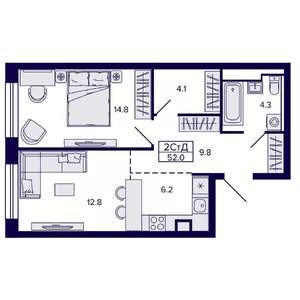 2-к квартира, вторичка, 52м2, 3/22 этаж