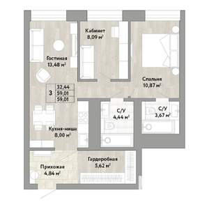 3-к квартира, вторичка, 59м2, 6/22 этаж