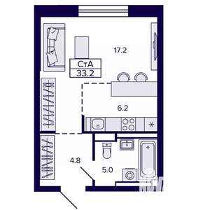 Студия квартира, строящийся дом, 33м2, 16/22 этаж