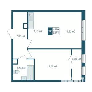 2-к квартира, строящийся дом, 51м2, 6/15 этаж