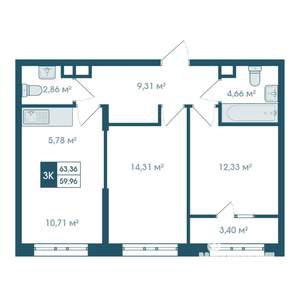 3-к квартира, вторичка, 63м2, 2/19 этаж