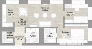 3-к квартира, вторичка, 60м2, 21/22 этаж