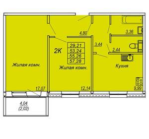 2-к квартира, вторичка, 55м2, 2/10 этаж