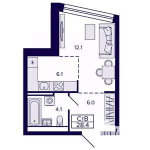 Студия квартира, строящийся дом, 28м2, 11/22 этаж