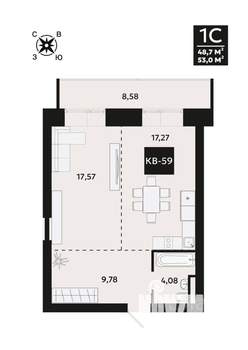 1-к квартира, вторичка, 53м2, 5/8 этаж