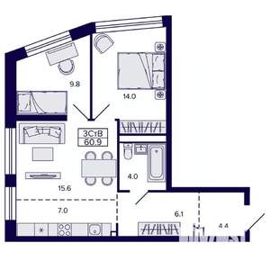 3-к квартира, строящийся дом, 61м2, 11/22 этаж