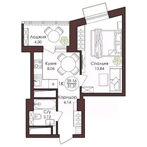 1-к квартира, вторичка, 31м2, 19/23 этаж