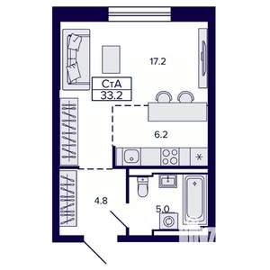 Студия квартира, строящийся дом, 33м2, 17/22 этаж