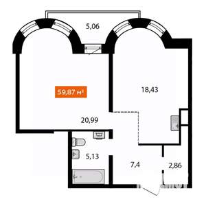 1-к квартира, вторичка, 56м2, 2/25 этаж