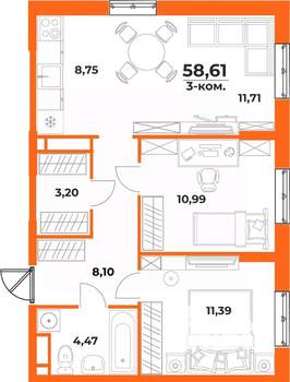 3-к квартира, вторичка, 59м2, 1/10 этаж