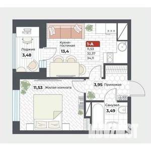 1-к квартира, строящийся дом, 34м2, 16/19 этаж