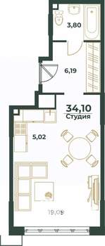 Студия квартира, вторичка, 34м2, 1/24 этаж