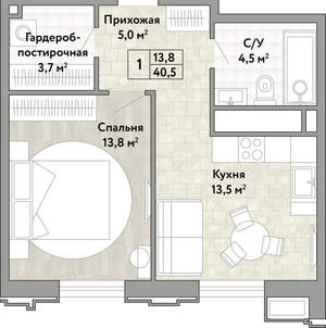1-к квартира, вторичка, 40м2, 13/21 этаж