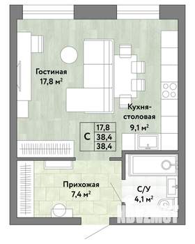 1-к квартира, строящийся дом, 38м2, 1/22 этаж