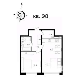 2-к квартира, строящийся дом, 57м2, 21/22 этаж