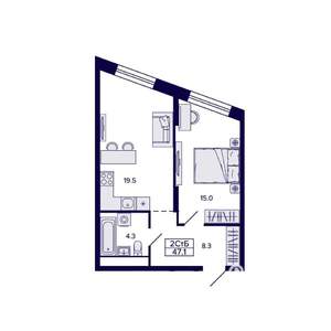 2-к квартира, строящийся дом, 47м2, 26/30 этаж