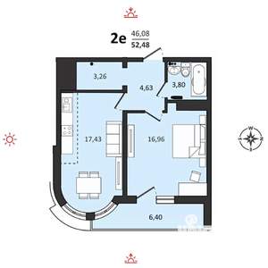 2-к квартира, строящийся дом, 52м2, 24/25 этаж