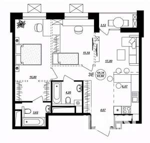 3-к квартира, строящийся дом, 66м2, 3/17 этаж